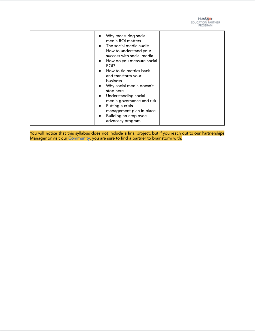 Social Media Syllabus Hubspot Education Partner Program HubSpot Academy